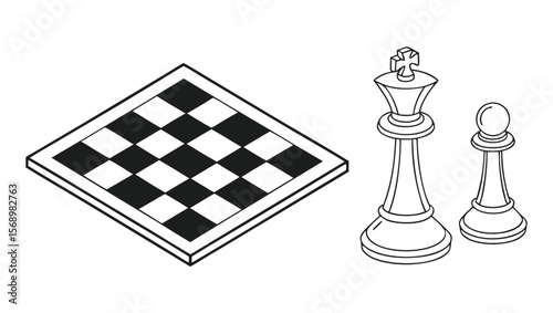 Isometric Chessboard with King and Pawn Pieces in Outline Style Illustration.