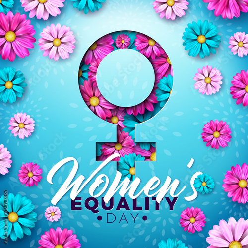 Women's Equality Day Banner Design with Colorful Flower in Femine Symbol and Typography Lettering on Blue Background. August 26 National Feminine Holiday in United States. USA Celebration Template for
