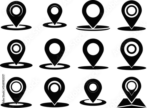Collection of diverse black and white map pin location icons