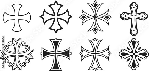 Collection of Eight Different Decorative Crosses in Black and White Style.