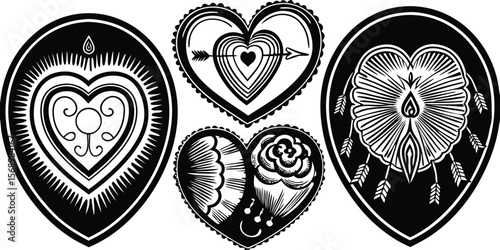 Collection of Decorative Heart Designs in Black and White for Valentine s Day.
