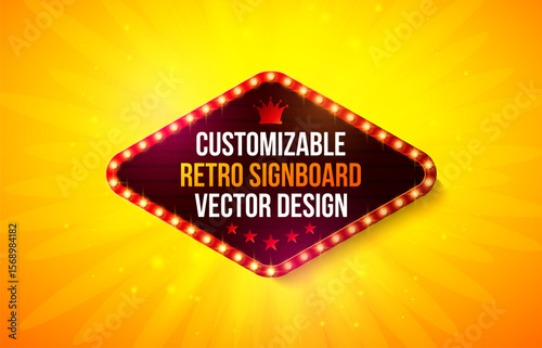 Retro Signboard Lightbox Banner Design with Glowing Light Bulb Frame Billboard on Shiny Yellow Background. Vector Customizable Marquee Sign Illustration for Casino Advertising, Theater Show, Broadway