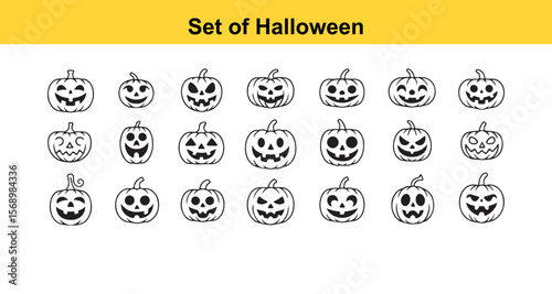 Collection of Halloween Pumpkin Jack o Lanterns with Various Carved Faces Outlined in Black