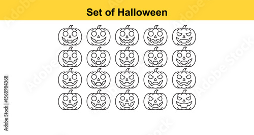 Collection of Halloween Pumpkin Outlines with Different Facial Expressions on a White Background