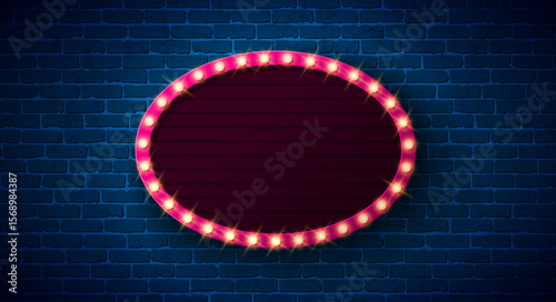 Retro Signboard Lightbox Banner Design with Glowing Light Bulb Frame Billboard on Vintage Brick Wall Background. Vector Customizable Marquee Sign Illustration for Casino Advertising, Theater Show