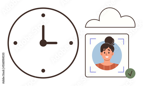 Clock beside a cloud and verified profile photo. Ideal for time tracking, cloud technology, profile verification, identity security, scheduling, digital organization, simple flat metaphor