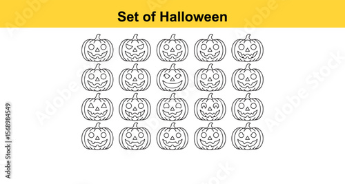 Collection of Halloween Pumpkins with Different Facial Expressions in Black and White