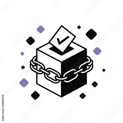 Secure Ballot Box Icon Minimalist Black White Vector Illustration Isometric Cube Chain Checked Paper Vote Security Privacy Election Blockchain Technology Symbol Graphic Design Element