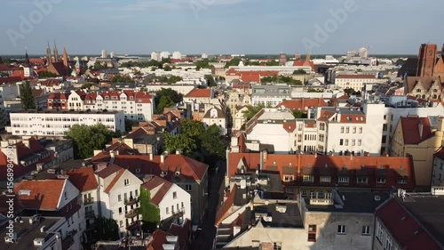 Wroclaw city, Poland. General cityscape with traditional tenement houses, churches, hotels and university building.