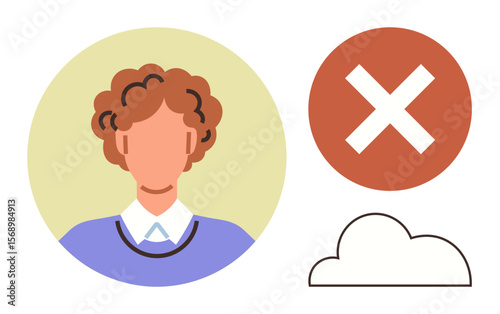 Profile of a person wearing a collared shirt, bold red cross for denial or error, and a simple cloud. Ideal for rejection, error, access restriction, no entry, failure, mistake simple flat metaphor