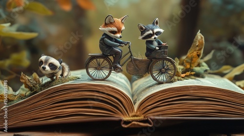 A Whimsical Adventure: Fox and Raccoon on a Bicycle atop a Book