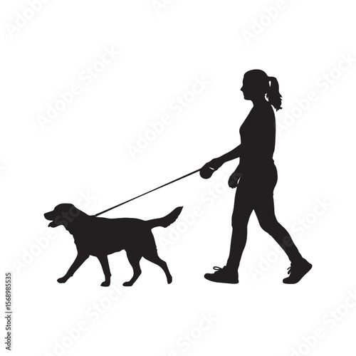 Woman walking dog on leash silhouette