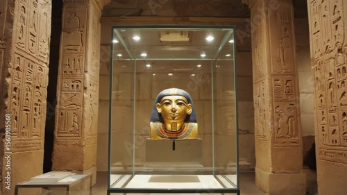 Explore the beauty of ancient Egypt with a magnificent sarcophagus displayed in a historic temple hall with intricate carvings