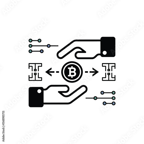 Two black hands cupping a central black Bitcoin symbol with teal and gray nodes and lines extending from each side two black microchip icons with dashed lines indicating transfer between