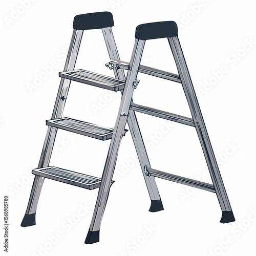 highly detailed vector illustration of an A-frame folding ladder made of silver aluminum. The ladder has two angled legs connected at the top