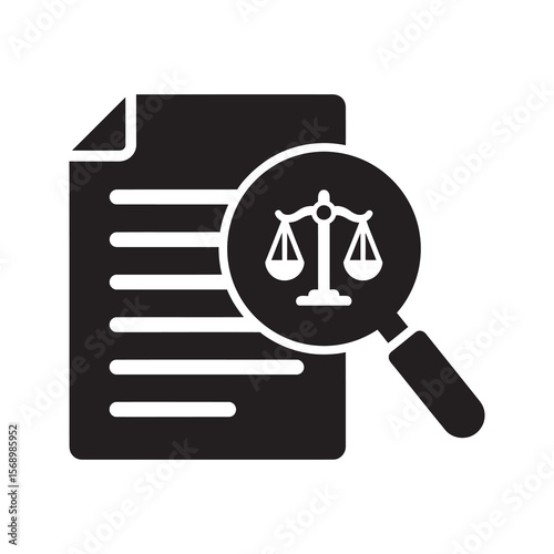 Legal research icon shows magnifying glass over scales of justice on a document for law review compliance check and corporate legal audit vector solid glyph