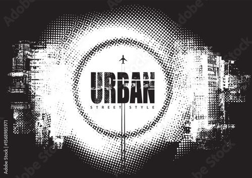 Vector banner with a airplane and a circle on the theme of urbanism, street art, digital technology and photo studios on the background of the cityscape, pixels. T-shirt design, poster,logo. No ai