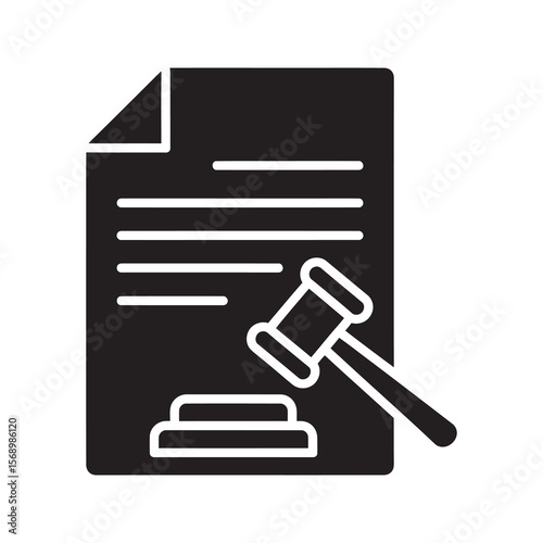 Legal action icon with a gavel hitting a document represents a lawsuit judgement or final ruling on a legal contract or court case file vector solid glyph