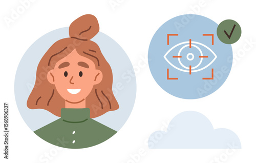 Female character portrait paired with an eye recognition interface and authentication checkmark. Ideal for identity verification, security access, user authentication, technology, biometrics