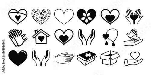 Collection of 40 diverse charity and donation icons featuring hearts in black and white