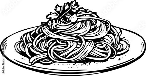 Plate of fettuccine Alfredo topped with parsley on a white background