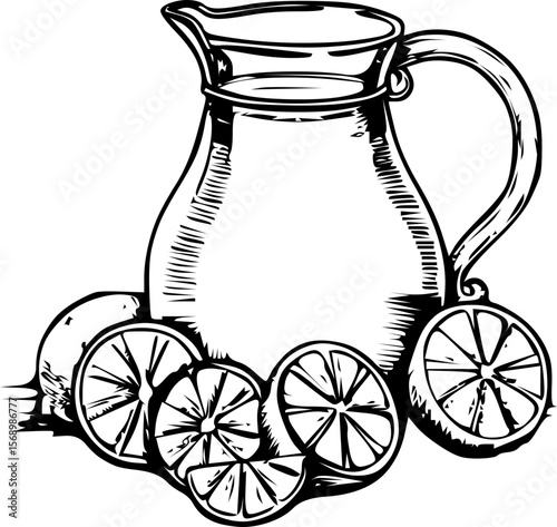 Pitcher of lemonade with fresh lemon slices on a white background
