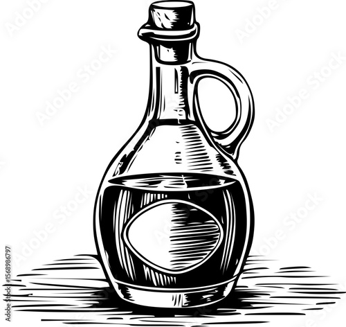 Bottle of olive oil with a decorative handle on a white background