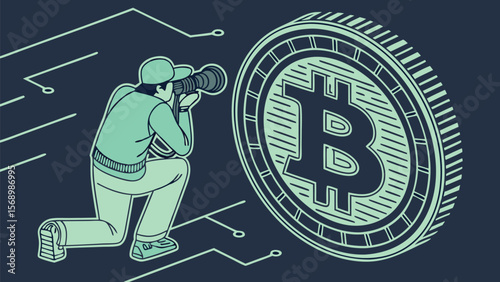 Person kneeling and looking through a telescope at a large bitcoin on a dark background with lines