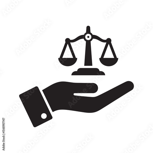 Legal support icon with a hand holding scales of justice representing law service legal advice and the fair practice of civil rights law vector solid glyph