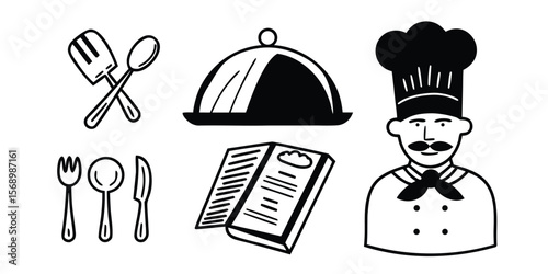 Collection of black and white restaurant icons featuring menus and plates