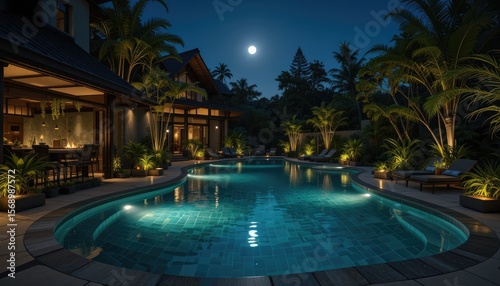 Tropical resort swimming pool at night with palm trees and reflections in the water