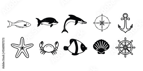 Collection of minimalist marine life icons featuring various fish and whales