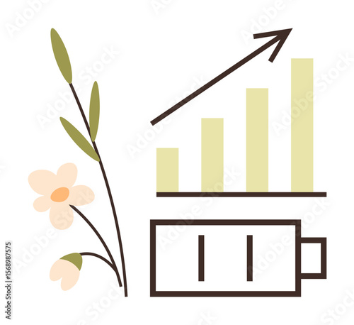 Plant branch, bar graph with upward arrow, and battery to symbolize growth, sustainability, green energy, renewable power, business development, eco-conscious solutions, and balanced resource usage