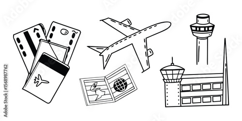 Monochrome air travel icons featuring tickets and passport