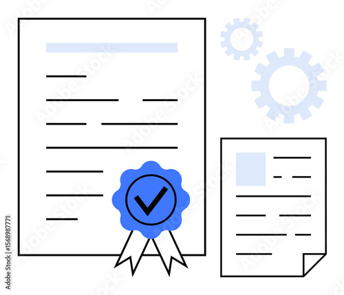 Official papers featuring text, a blue badge with a checkmark, and gear icons symbolizing certification, approval, and productivity. Ideal for compliance, contracts, licensing, validation process