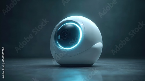 A futuristic white spherical robot with a glowing blue ring on a dark gray surface in soft lighting