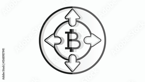 Bitcoin symbol inside circle with arrows pointing in all directions in black and white illustration