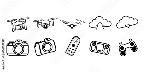 Collection of monochrome drone and photography camera icons for design