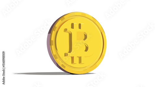 Isolated bitcoin coin standing with a shadow on a white background in a studio setting view