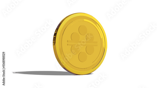 A single gold coin standing upright with a geometric design on it casting a shadow on a white background