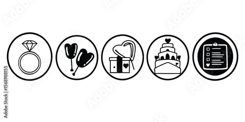 Monochrome wedding planning icons featuring rings and venue elements