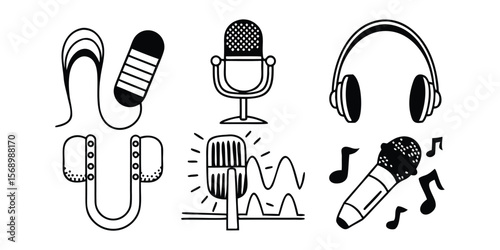 Monochrome podcast audio icons featuring microphones and headphones