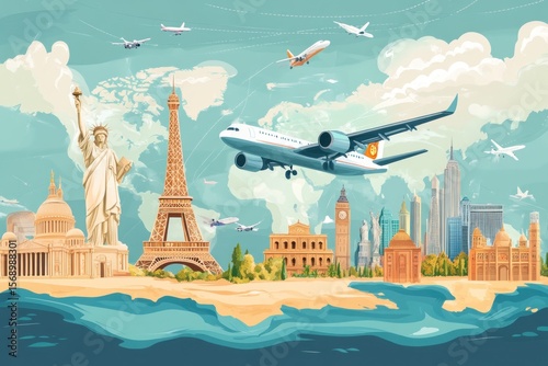 Travel agency poster design, map background with cartoon plane trails and famous landmarks