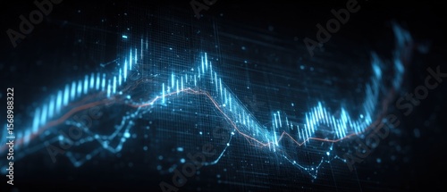 Abstract blue glowing data graph with red line overlaying on a dark background with digital elements