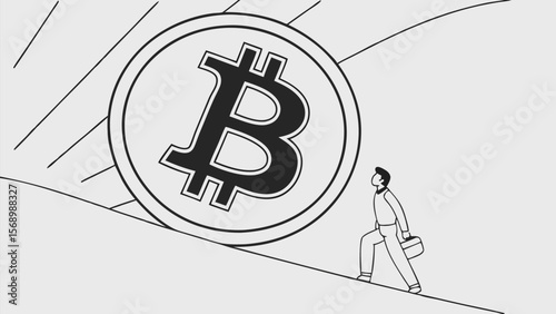 A man with briefcase walking up a hill towards a large bitcoin symbol in a black and white drawing
