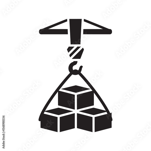 Logistics crane hook lifting a pyramid of cubes for cargo freight material handling and efficient supply chain and warehouse management vector solid glyph icon