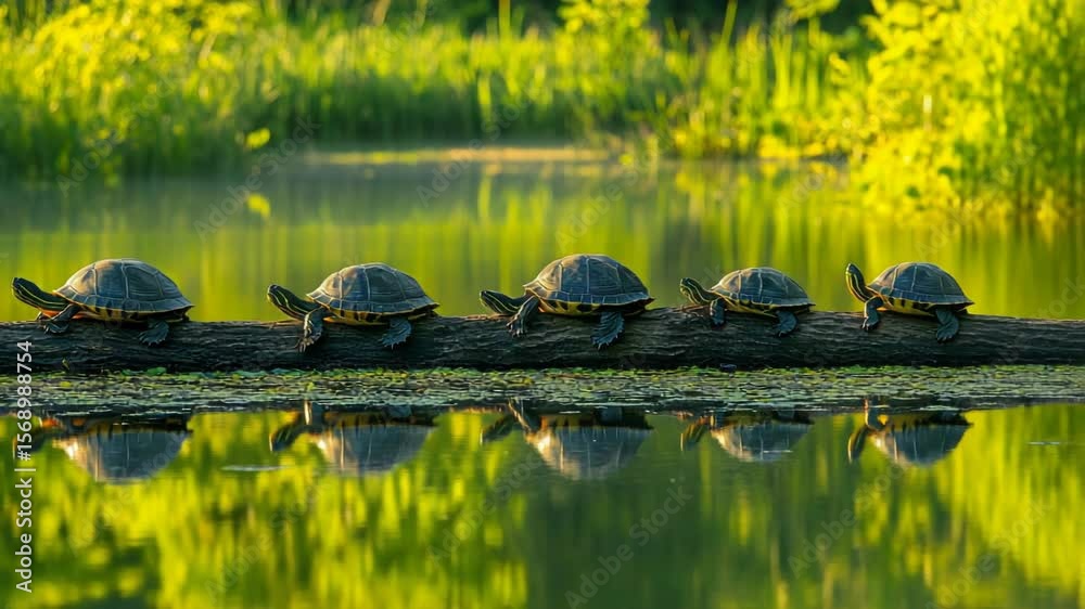 A serene scene with turtles sunbathing on a log by the water.
