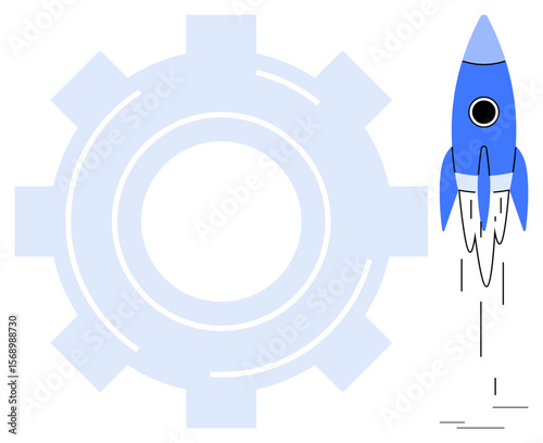 Rocket ascending beside a gear in light blue. Ideal for innovation, teamwork, startup growth, technology, engineering, progress, creativity. Represents a simple flat metaphor