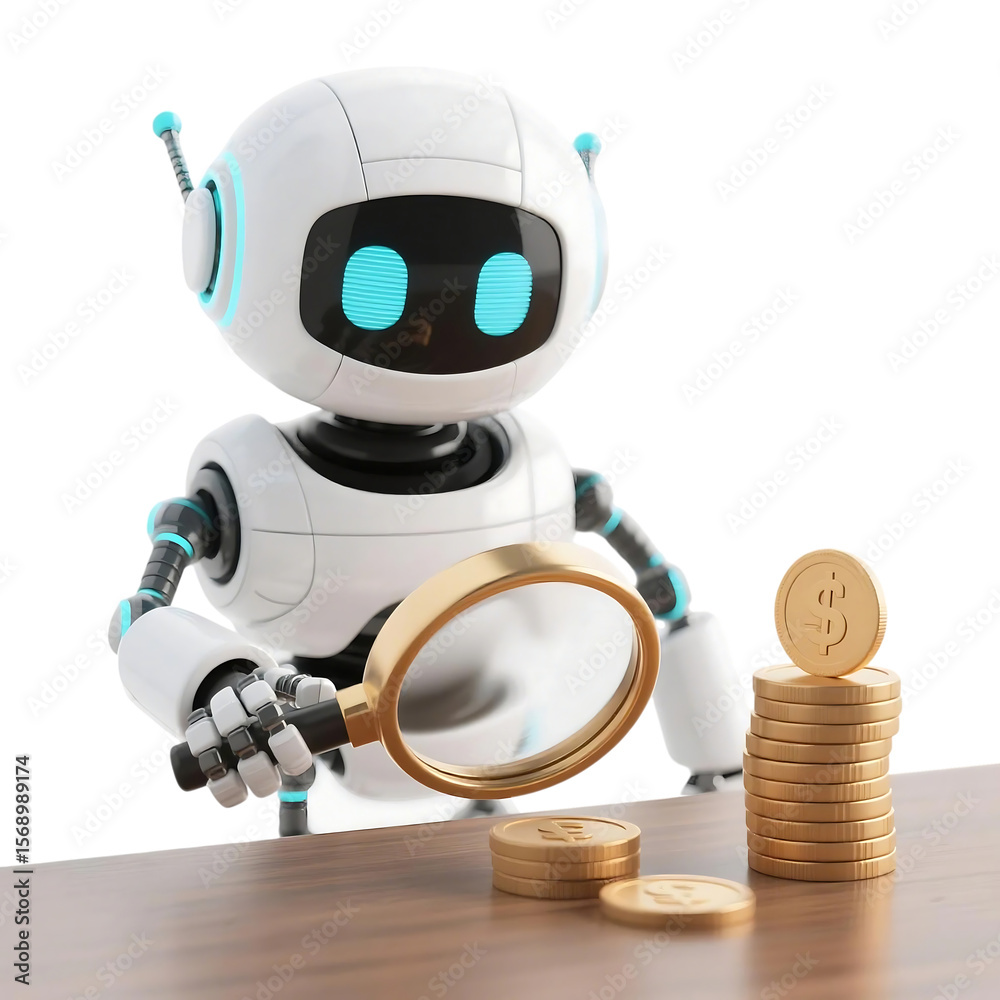 Naklejka premium A cute AI robot character performing various business and finance activities, GPT chatbot icon. Artificial intelligence, trendy technology, support service, funny automation computer