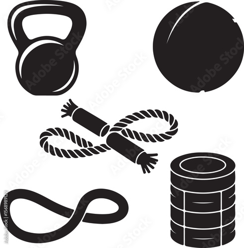 Fitness Equipment Icons Kettlebell, Medicine Ball, Jump Rope, Resistance Band, Core Trainer